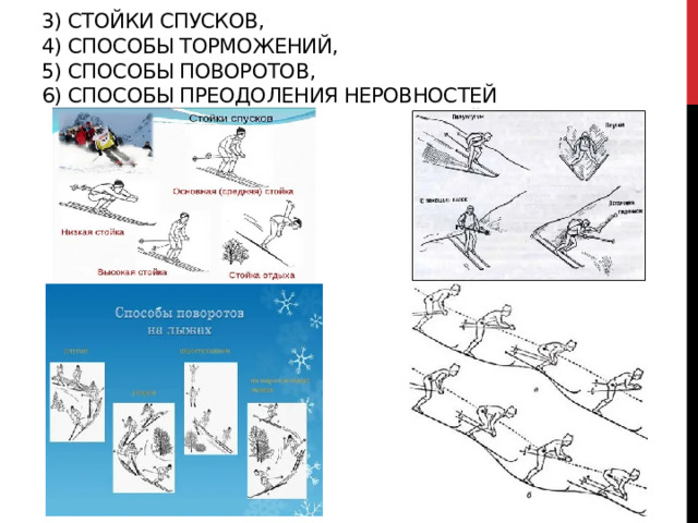 3) стойки спусков,  4) способы торможений,  5) способы поворотов,  6) способы преодоления неровностей   