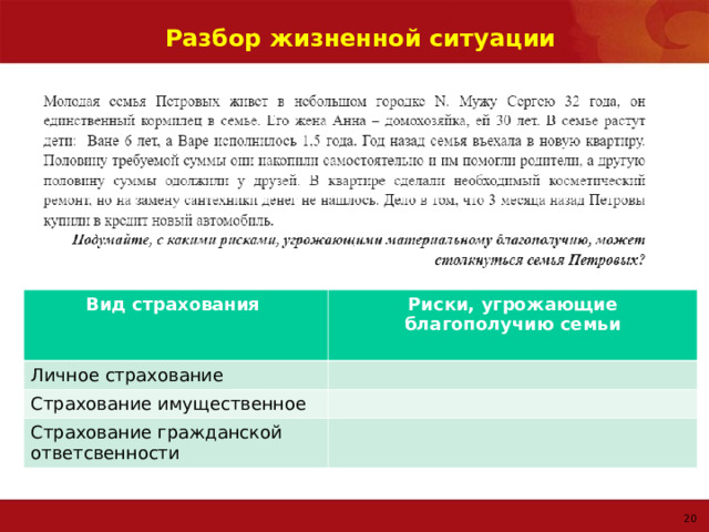 Разбор жизненной ситуации Вид страхования Личное страхование Риски, угрожающие благополучию семьи  Страхование имущественное Страхование гражданской ответсвенности 