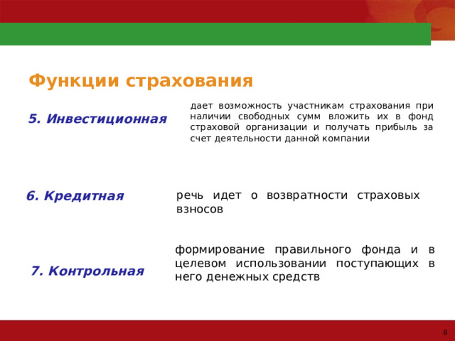 Функции страхования дает возможность участникам страхования при наличии свободных сумм вложить их в фонд страховой организации и получать прибыль за счет деятельности данной компании 5. Инвестиционная 6. Кредитная речь идет о возвратности страховых взносов формирование правильного фонда и в целевом использовании поступающих в него денежных средств 7. Контрольная 