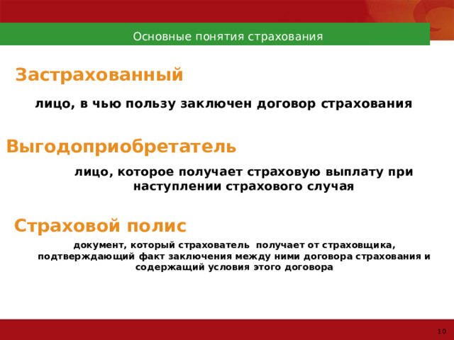 Основные понятия страхования Застрахованный лицо, в чью пользу заключен договор страхования Выгодоприобретатель  лицо, которое получает страховую выплату при наступлении страхового случая Страховой полис  документ, который страхователь получает от страховщика, подтверждающий факт заключения между ними договора страхования и содержащий условия этого договора 