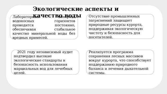 Экологические аспекты и качество воды Отсутствие промышленных загрязнений защищает природные ресурсы курорта, поддерживая экологическую чистоту и безопасность для посетителей. Лабораторный контроль водоносных горизонтов проводится постоянно, обеспечивая стабильное качество минеральной воды без вредных примесей. В 2021 году независимый аудит подтвердил высокие экологические стандарты и безопасность использования марциальных вод для лечебных целей. Реализуется программа сохранения лесных массивов вокруг курорта, что способствует поддержанию природного баланса и лечения дыхательной системы. 