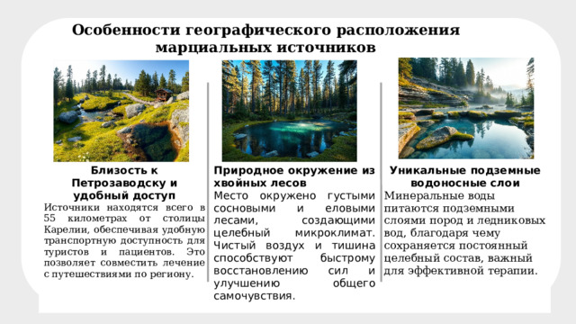 Особенности географического расположения марциальных источников              Близость к Петрозаводску и удобный доступ  Природное окружение из хвойных лесов  Источники находятся всего в 55 километрах от столицы Карелии, обеспечивая удобную транспортную доступность для туристов и пациентов. Это позволяет совместить лечение с путешествиями по региону. Место окружено густыми сосновыми и еловыми лесами, создающими целебный микроклимат. Чистый воздух и тишина способствуют быстрому восстановлению сил и улучшению общего самочувствия. Уникальные подземные водоносные слои Минеральные воды питаются подземными слоями пород и ледниковых вод, благодаря чему сохраняется постоянный целебный состав, важный для эффективной терапии.   