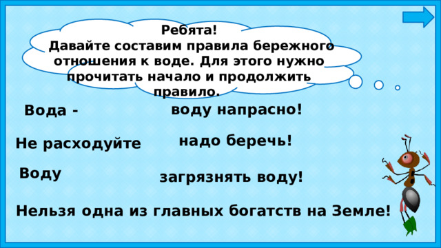 Ребята!  Давайте составим правила бережного отношения к воде. Для этого нужно прочитать начало и продолжить правило. воду напрасно! Вода - надо беречь! Не расходуйте Воду загрязнять воду! Нельзя одна из главных богатств на Земле! 