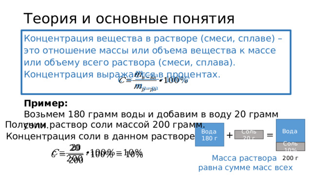 Теория и основные понятия Концентрация вещества в растворе (смеси, сплаве) – это отношение массы или объема вещества к массе или объему всего раствора (смеси, сплава). Концентрация выражается в процентах.   Пример: Возьмем 180 грамм воды и добавим в воду 20 грамм соли. Получим раствор соли массой 200 грамм. Вода  180 г Вода Вода  180 г + = Концентрация соли в данном растворе: Соль 20 г Соль 20 г Соль 10%   Масса раствора  равна сумме масс всех составляющих. 200 г 