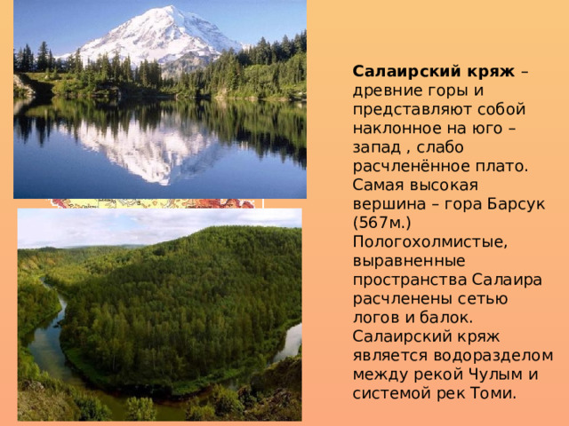 Салаирский кряж  – древние горы и представляют собой наклонное на юго –запад , слабо расчленённое плато. Самая высокая вершина – гора Барсук (567м.) Пологохолмистые, выравненные пространства Салаира расчленены сетью логов и балок. Салаирский кряж является водоразделом между рекой Чулым и системой рек Томи. 