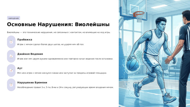 НАРУШЕНИЯ Основные Нарушения: Виолейшны Виолейшны — это технические нарушения, не связанные с контактом, но влияющие на ход игры. Пробежка Игрок с мячом сделал более двух шагов, не ударяя мяч об пол. Двойное Ведение Игрок вел мяч двумя руками одновременно или повторно начал ведение после остановки. Аут Мяч или игрок с мячом коснулся линии или заступил за пределы игровой площадки. Нарушения Времени Несоблюдение правил 3-х, 5-ти, 8-ми и 24-х секунд, регулирующих время владения мячом.  