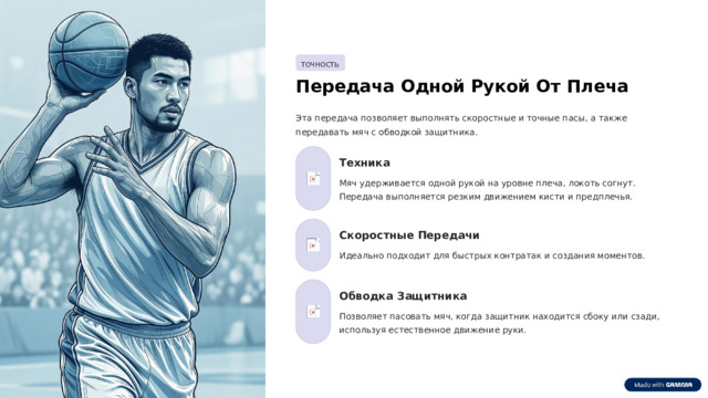 ТОЧНОСТЬ Передача Одной Рукой От Плеча Эта передача позволяет выполнять скоростные и точные пасы, а также передавать мяч с обводкой защитника. Техника Мяч удерживается одной рукой на уровне плеча, локоть согнут. Передача выполняется резким движением кисти и предплечья. Скоростные Передачи Идеально подходит для быстрых контратак и создания моментов. Обводка Защитника Позволяет пасовать мяч, когда защитник находится сбоку или сзади, используя естественное движение руки.  