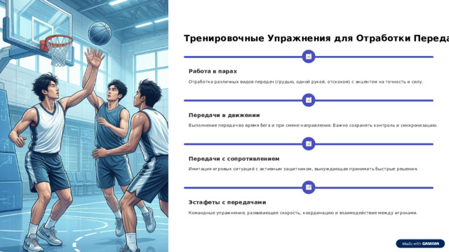 Тренировочные Упражнения для Отработки Передач Работа в парах Отработка различных видов передач (грудью, одной рукой, отскоком) с акцентом на точность и силу. Передачи в движении Выполнение передач во время бега и при смене направления. Важно сохранять контроль и синхронизацию. Передачи с сопротивлением Имитация игровых ситуаций с активным защитником, вынуждающая принимать быстрые решения. Эстафеты с передачами Командные упражнения, развивающие скорость, координацию и взаимодействие между игроками.  