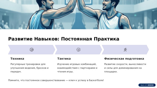 Развитие Навыков: Постоянная Практика Техника Тактика Физическая подготовка Регулярные тренировки для улучшения ведения, бросков и передач. Изучение игровых комбинаций, взаимодействия с партнерами и чтения игры. Развитие скорости, выносливости и силы для доминирования на площадке. Помните, что постоянное совершенствование — ключ к успеху в баскетболе!  