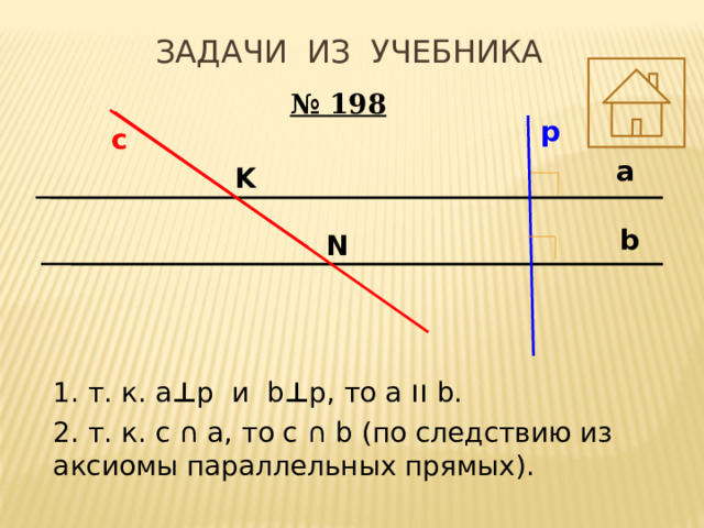Задачи из учебника № 198 p c a K b N 1. т. к. a ⊥ р и b ⊥ р, то a ıı b. 2. т. к. с ∩ а, то с ∩ b (по следствию из аксиомы параллельных прямых). 