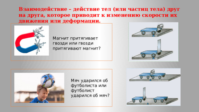 Взаимодействие – действие тел (или частиц тела) друг на друга, которое приводит к изменению скорости их движения или деформации. Магнит притягивает гвозди или гвозди притягивают магнит? Мяч ударился об футболиста или футболист ударился об мяч? 