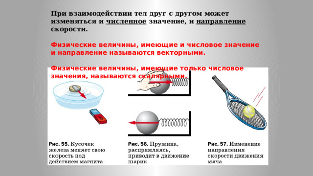 При взаимодействии тел друг с другом может изменяться и численное значение, и направление скорости.  Физические величины, имеющие и числовое значение и направление называются векторными.  Физические величины, имеющие только числовое значения, называются скалярными. 
