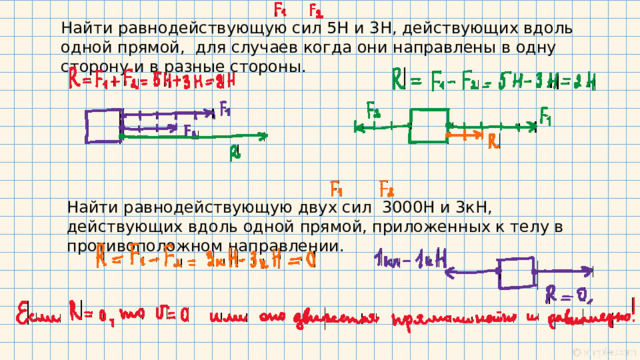 Найти равнодействующую сил 5Н и 3Н, действующих вдоль одной прямой, для случаев когда они направлены в одну сторону и в разные стороны. Найти равнодействующую двух сил 3000Н и 3кН, действующих вдоль одной прямой, приложенных к телу в противоположном направлении. 