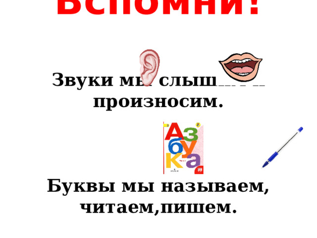 Вспомни!   Звуки мы слышим и произносим.     Буквы мы называем, читаем,пишем.   