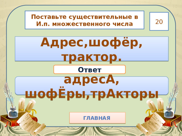 Поставьте существительные в И.п. множественного числа 20 Адрес,шофёр, трактор. Ответ адресА, шофЁры,трАкторы Главная  