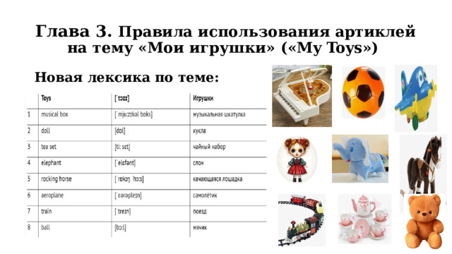 Глава 3. Правила использования артиклей на тему «Мои игрушки» («My Toys»)  Новая лексика по теме: 