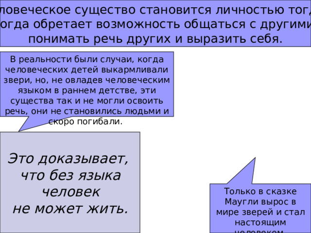 Человеческое существо становится личностью тогда,  когда обретает возможность общаться с другими, понимать речь других и выразить себя. В реальности были случаи, когда человеческих детей выкармливали звери, но, не овладев человеческим языком в раннем детстве, эти существа так и не могли освоить речь, они не становились людьми и скоро погибали. Это доказывает, что без языка  человек не может жить. Только в сказке Маугли вырос в мире зверей и стал настоящим человеком. 