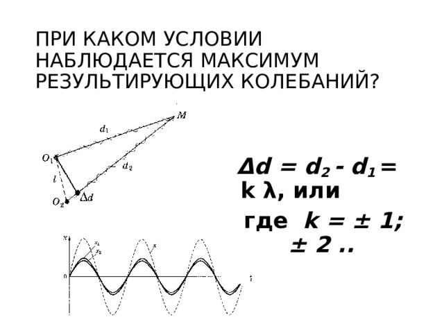  ПРИ КАКОМ УСЛОВИИ НАБЛЮДАЕТСЯ МАКСИМУМ РЕЗУЛЬТИРУЮЩИХ КОЛЕБАНИЙ?      Δ d = d 2 - d 1  = k λ, или  где  k = ± 1; ± 2 ..  