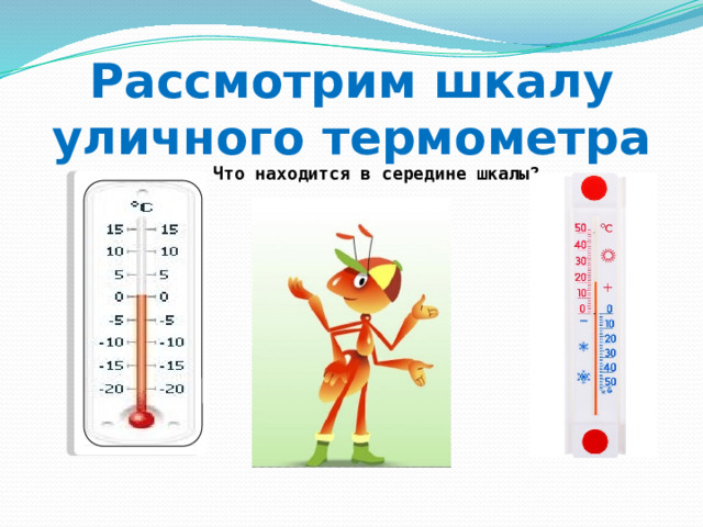  Рассмотрим шкалу уличного термометра Что находится в середине шкалы? 