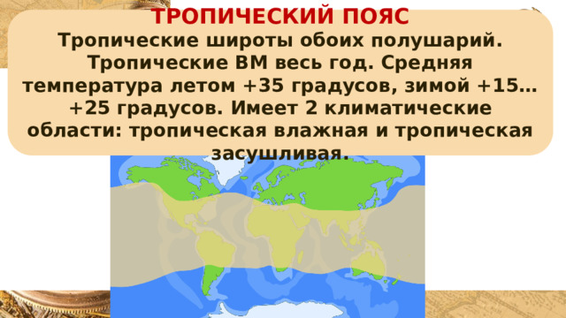 ТРОПИЧЕСКИЙ ПОЯС Тропические широты обоих полушарий. Тропические ВМ весь год. Средняя температура летом +35 градусов, зимой +15…+25 градусов. Имеет 2 климатические области: тропическая влажная и тропическая засушливая. 