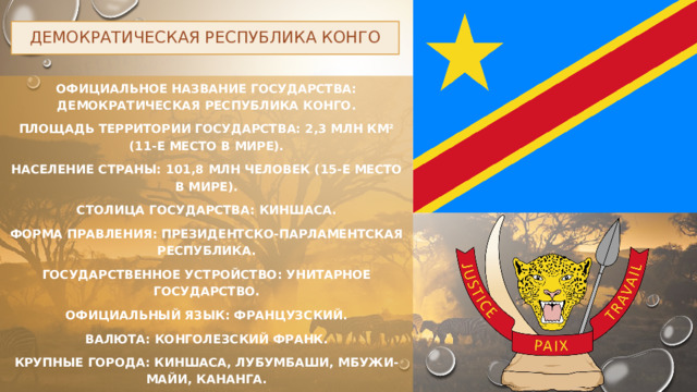 Демократическая Республика Конго Официальное название государства: Демократическая Республика Конго. Площадь территории государства: 2,3 млн км² (11-е место в мире). Население страны: 101,8 млн человек (15-е место в мире). Столица государства: Киншаса. Форма правления: президентско-парламентская республика. Государственное устройство: унитарное государство. Официальный язык: французский. Валюта: конголезский франк. Крупные города: Киншаса, Лубумбаши, Мбужи-Майи, Кананга. 