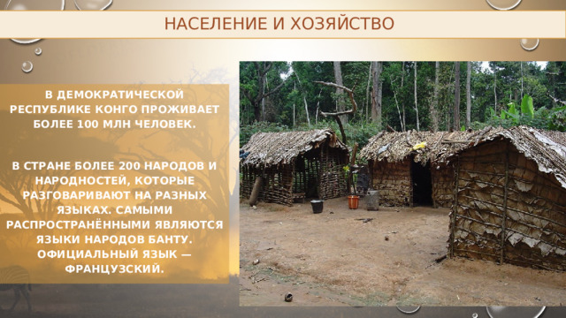 Население и хозяйство В Демократической Республике Конго проживает более 100 млн человек.  В стране более 200 народов и народностей, которые разговаривают на разных языках. Самыми распространёнными являются языки народов банту. Официальный язык — французский. 