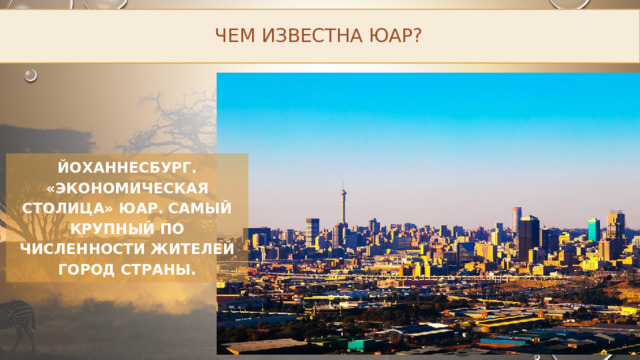 Чем известна ЮАР? Йоханнесбург. «Экономическая столица» ЮАР. Самый крупный по численности жителей город страны. 