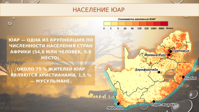 Население ЮАР ЮАР — одна из крупнейших по численности населения стран Африки (54,6 млн человек, 5-е место). Около 75 % жителей ЮАР являются христианами, 1,5 % — мусульмане. 