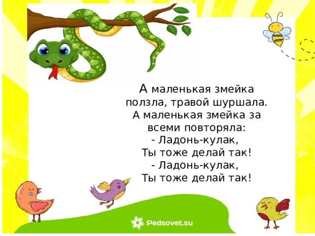 А маленькая змейка ползла, травой шуршала. А маленькая змейка за всеми повторяла: - Ладонь-кулак, Ты тоже делай так! - Ладонь-кулак, Ты тоже делай так! 