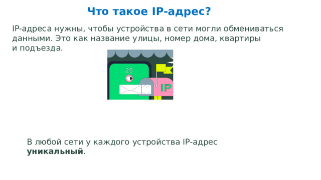 Что такое IP-адрес? IP-адреса нужны, чтобы устройства в сети могли обмениваться данными. Это как название улицы, номер дома, квартиры и подъезда.  В любой сети у каждого устройства IP‑адрес уникальный .  