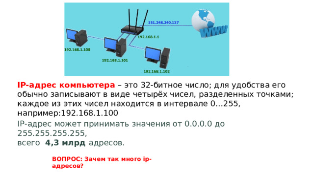IP-адрес компьютера – это 32-битное число; для удобства его обычно записывают в виде четырёх чисел, разделенных точками; каждое из этих чисел находится в интервале 0…255, например:192.168.1.100 IP‑адрес может принимать значения от 0.0.0.0 до 255.255.255.255,  всего   4,3 млрд адресов.  ВОПРОС: Зачем так много ip-адресов? 