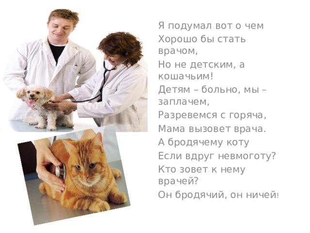 Я подумал вот о чем Хорошо бы стать врачом, Но не детским, а кошачьим! Детям – больно, мы – заплачем, Разревемся с горяча, Мама вызовет врача. А бродячему коту Если вдруг невмоготу? Кто зовет к нему врачей? Он бродячий, он ничей ! 