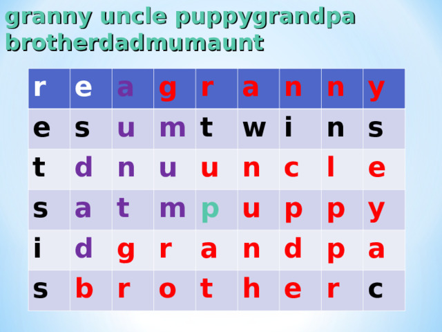 granny 		uncle 	puppy	grandpa brother		dad		mum		aunt   r e e a t s g d u s r m i a n a d t t u s n g m u b w n n r i p r y a n u o c n l s p t h e d p p y e a r c 