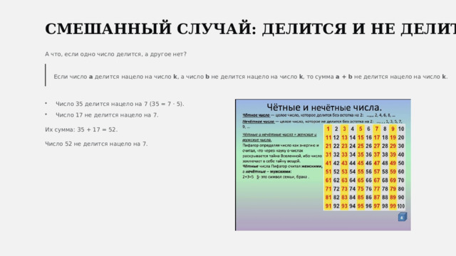  СМЕШАННЫЙ СЛУЧАЙ: ДЕЛИТСЯ И НЕ ДЕЛИТСЯ А что, если одно число делится, а другое нет? Если число a делится нацело на число k , а число b не делится нацело на число k , то сумма a + b не делится нацело на число k . Число 35 делится нацело на 7 (35 = 7 · 5). Число 17 не делится нацело на 7. Их сумма: 35 + 17 = 52. Число 52 не делится нацело на 7. 