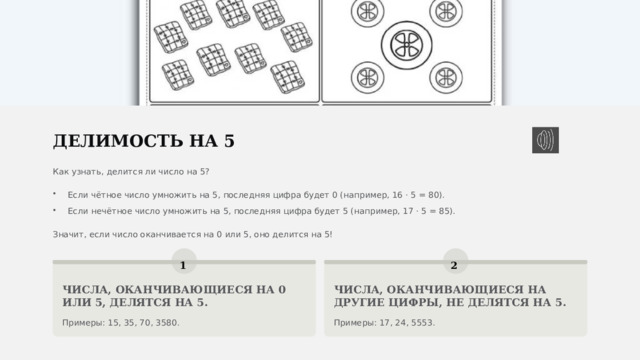  ДЕЛИМОСТЬ НА 5 Как узнать, делится ли число на 5? Если чётное число умножить на 5, последняя цифра будет 0 (например, 16 · 5 = 80). Если нечётное число умножить на 5, последняя цифра будет 5 (например, 17 · 5 = 85). Значит, если число оканчивается на 0 или 5, оно делится на 5! 2 1 ЧИСЛА, ОКАНЧИВАЮЩИЕСЯ НА ДРУГИЕ ЦИФРЫ, НЕ ДЕЛЯТСЯ НА 5. ЧИСЛА, ОКАНЧИВАЮЩИЕСЯ НА 0 ИЛИ 5, ДЕЛЯТСЯ НА 5. Примеры: 15, 35, 70, 3580. Примеры: 17, 24, 5553. 