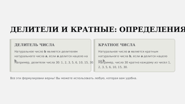  ДЕЛИТЕЛИ И КРАТНЫЕ: ОПРЕДЕЛЕНИЯ ДЕЛИТЕЛЬ ЧИСЛА КРАТНОЕ ЧИСЛА Натуральное число b является делителем натурального числа a , если a делится нацело на b . Натуральное число a является кратным натурального числа b , если a делится нацело на b . Например, делители числа 30: 1, 2, 3, 5, 6, 10, 15, 30. Например, число 30 кратно каждому из чисел 1, 2, 3, 5, 6, 10, 15, 30. Все эти формулировки верны! Вы можете использовать любую, которая вам удобна. 