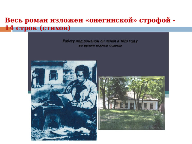 Весь роман изложен «онегинской» строфой - 14 строк (стихов) 