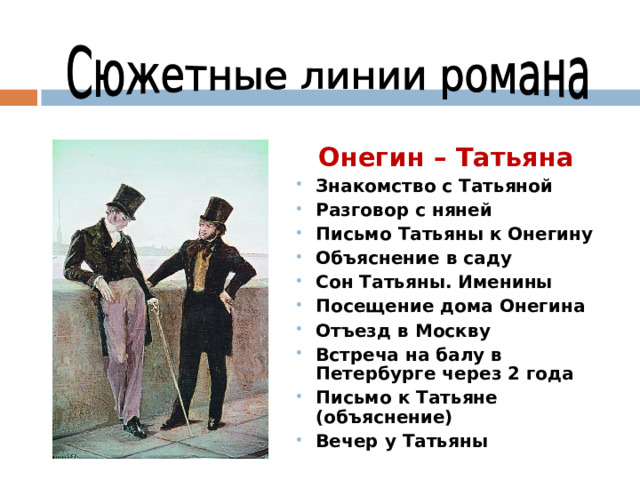 Онегин – Татьяна Знакомство с Татьяной Разговор с няней Письмо Татьяны к Онегину Объяснение в саду Сон Татьяны. Именины Посещение дома Онегина Отъезд в Москву Встреча на балу в Петербурге через 2 года Письмо к Татьяне (объяснение) Вечер у Татьяны Знакомство с Татьяной Разговор с няней Письмо Татьяны к Онегину Объяснение в саду Сон Татьяны. Именины Посещение дома Онегина Отъезд в Москву Встреча на балу в Петербурге через 2 года Письмо к Татьяне (объяснение) Вечер у Татьяны  