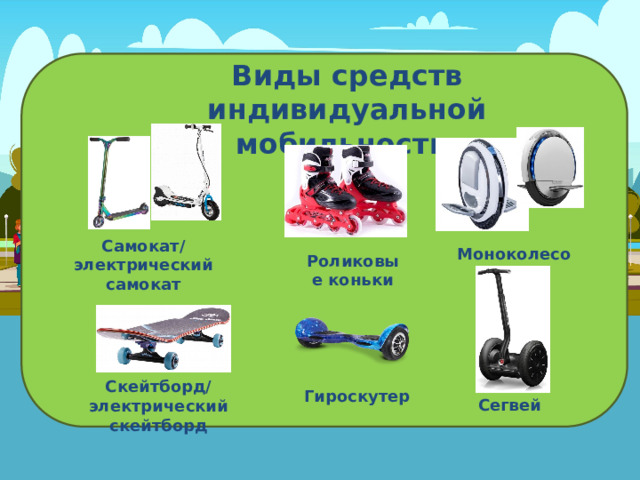 Виды средств индивидуальной мобильности Самокат/ электрический самокат Моноколесо Роликовые коньки Скейтборд/ электрический скейтборд Гироскутер Сегвей 