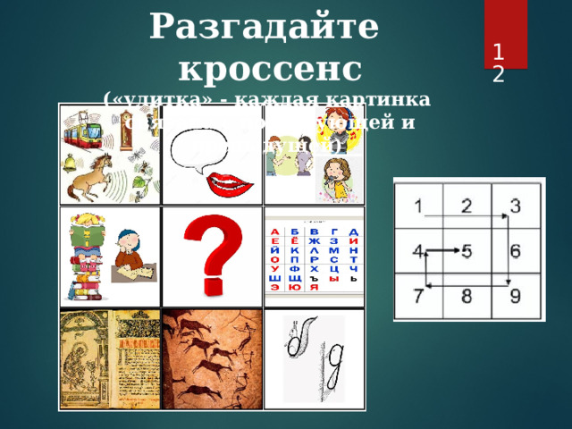 Разгадайте кроссенс  («улитка» - каждая картинка  связана с последующей и предыдущей)   