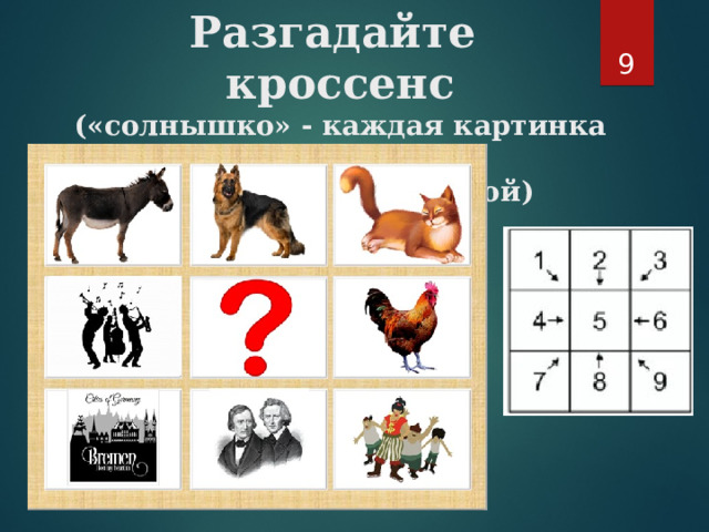 Разгадайте кроссенс  («солнышко» - каждая картинка  связана с центральной)  