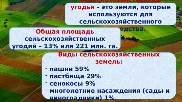 Сельскохозяйственные угодья – это земли, которые используются для сельскохозяйственного производства. Общая площадь сельскохозяйственных угодий – 13% или 221 млн. га. Виды сельскохозяйственных земель: пашни 59% пастбища 29% сенокосы 9% многолетние насаждения (сады и виноградники) 1%. 