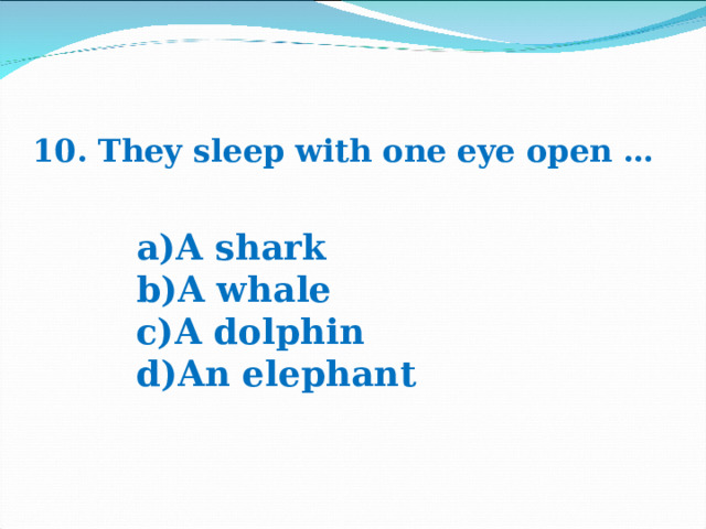 10. They sleep with one eye open … A shark A whale A dolphin An elephant 
