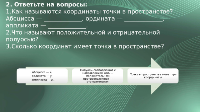 2. Ответьте на вопросы: Как называются координаты точки в пространстве? Абсцисса — _____________, ордината — _____________, аппликата — _____________. Что называют положительной и отрицательной полуосью? Сколько координат имеет точка в пространстве? Абсцисса — x, Полуось, совпадающая с направлением оси, — положительная; противоположная — отрицательная. Точка в пространстве имеет три координаты. ордината — y, аппликата — z. 