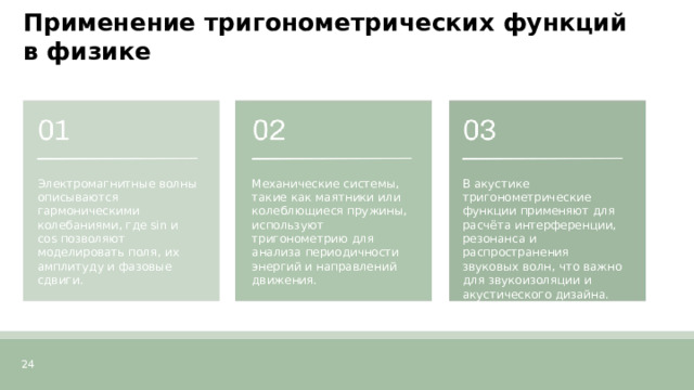 Применение тригонометрических функций в физике  Электромагнитные волны описываются гармоническими колебаниями, где sin и cos позволяют моделировать поля, их амплитуду и фазовые сдвиги. Механические системы, такие как маятники или колеблющиеся пружины, используют тригонометрию для анализа периодичности энергий и направлений движения. В акустике тригонометрические функции применяют для расчёта интерференции, резонанса и распространения звуковых волн, что важно для звукоизоляции и акустического дизайна. 24  