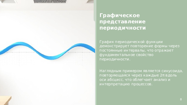 Графическое представление периодичности   График периодической функции демонстрирует повторение формы через постоянные интервалы, что отражает фундаментальное свойство периодичности. Наглядным примером является синусоида, повторяющаяся через каждые 2π вдоль оси абсцисс, что облегчает анализ и интерпретацию процессов. 8  
