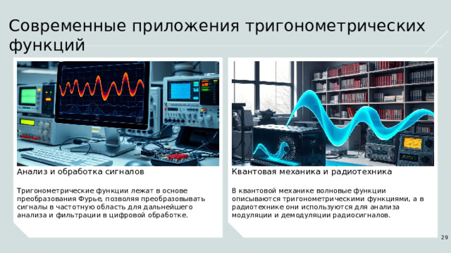 Современные приложения тригонометрических функций Квантовая механика и радиотехника Анализ и обработка сигналов Тригонометрические функции лежат в основе преобразования Фурье, позволяя преобразовывать сигналы в частотную область для дальнейшего анализа и фильтрации в цифровой обработке. В квантовой механике волновые функции описываются тригонометрическими функциями, а в радиотехнике они используются для анализа модуляции и демодуляции радиосигналов. 29  