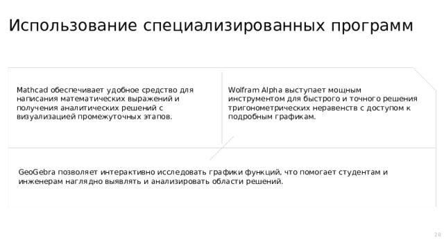 Использование специализированных программ Wolfram Alpha выступает мощным инструментом для быстрого и точного решения тригонометрических неравенств с доступом к подробным графикам. Mathcad обеспечивает удобное средство для написания математических выражений и получения аналитических решений с визуализацией промежуточных этапов. GeoGebra позволяет интерактивно исследовать графики функций, что помогает студентам и инженерам наглядно выявлять и анализировать области решений. 28  