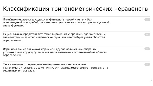 Классификация тригонометрических неравенств Линейные неравенства содержат функцию в первой степени без произведений или дробей, они анализируются относительно простых условий знака функции. Рациональные представляют собой выражения с дробями, где числитель и знаменатель — тригонометрические функции, что требует учёта областей определения. Иррациональные включают корни или другие нелинейные операции, усложняющие структуру решения из-за возможных ограничений на области определения. Также выделяют периодические неравенства с несколькими тригонометрическими выражениями, учитывающими сложную поведение на различных интервалах. 4  