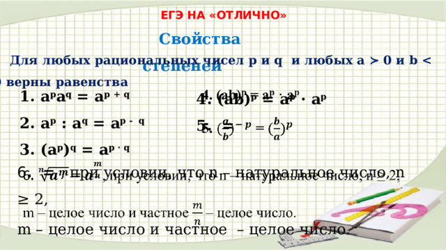 ЕГЭ НА «ОТЛИЧНО» Свойства степеней Для любых рациональных чисел p и q и любых a ≻ 0 и b  1. a p a q = a p + q 2. a p : a q = a p - q 3. (a p ) q = a p · q 4. (ab) p = a p · a p   5. = 6 . = , при условии, что n – натуральное число, n ≥ 2,   m – целое число и частное – целое число. 